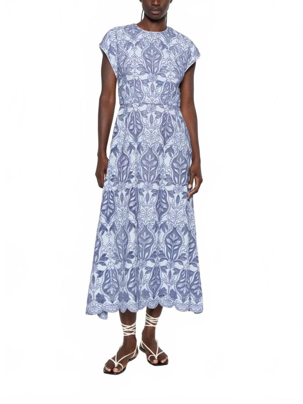NEW REBECCA VALLANCE blooming lanterns embroidered midi dress in blue